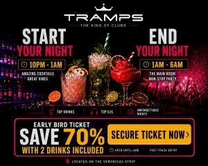 Tramps nightclub Tenerife early bird ticket promotion showing cocktails on the LED terrace and a packed electronic music dance floor on the Veronicas Strip.