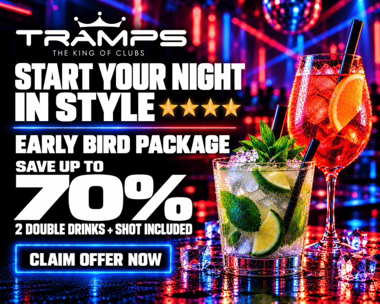 Early Bird drink packages and cocktails at Tramps, the best nightclub on Veronicas Strip for Tenerife nightlife.