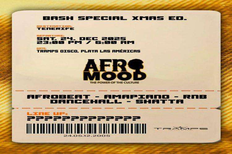 Afromood Christmas Eve event in Tenerife with festive decorations, music, and second-anniversary celebration.