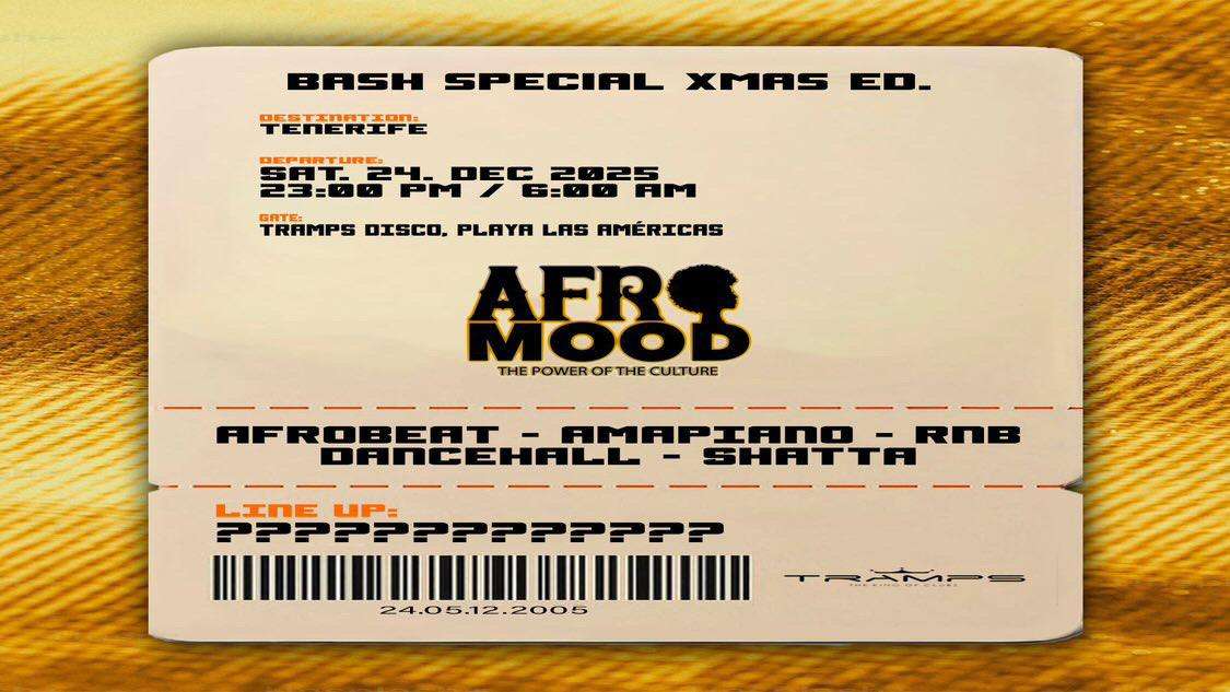 Afromood Christmas Eve event in Tenerife with festive decorations, music, and second-anniversary celebration.