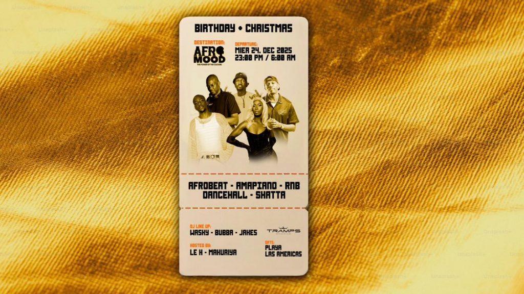 Afromood Christmas Eve event in Tenerife with festive decorations, music, and second-anniversary celebration.