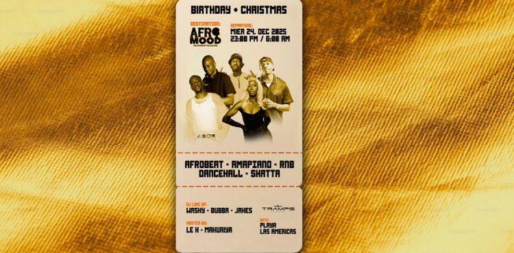 Afromood Christmas Eve event in Tenerife with festive decorations, music, and second-anniversary celebration.