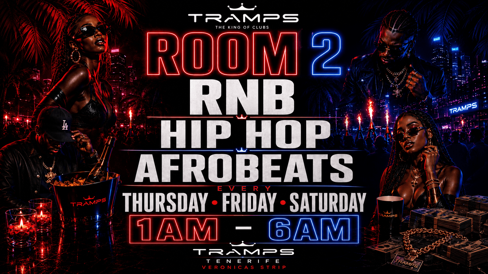 RNB, Hip Hop and Afrobeats nightclub event at Tramps Tenerife featuring DJs, packed dancefloors, late-night entertainment and urban music on Veronicas Strip Tenerife.