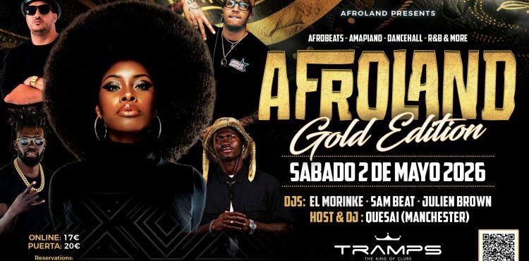Afroland Gold Edition event at Tramps Tenerife nightclub on Veronicas Strip with Afrobeats Amapiano Dancehall R&B DJs live
