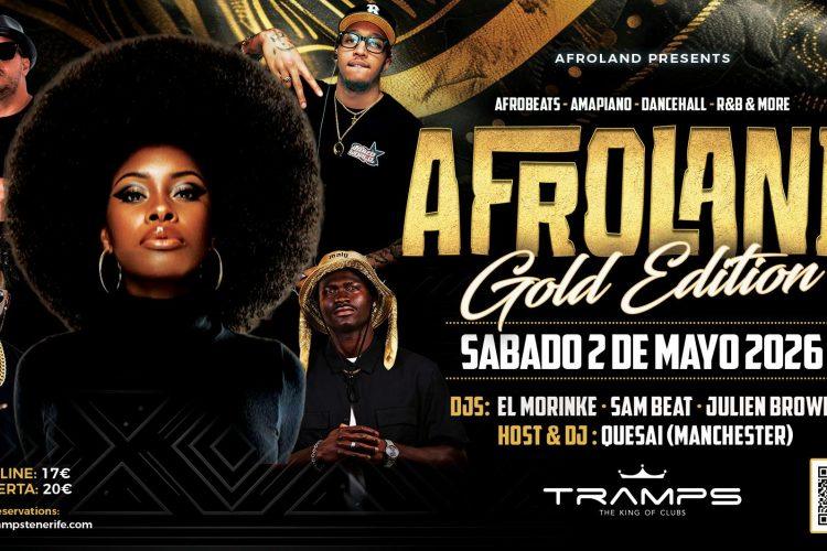 Afroland Gold Edition event at Tramps Tenerife nightclub on Veronicas Strip with Afrobeats Amapiano Dancehall R&B DJs live