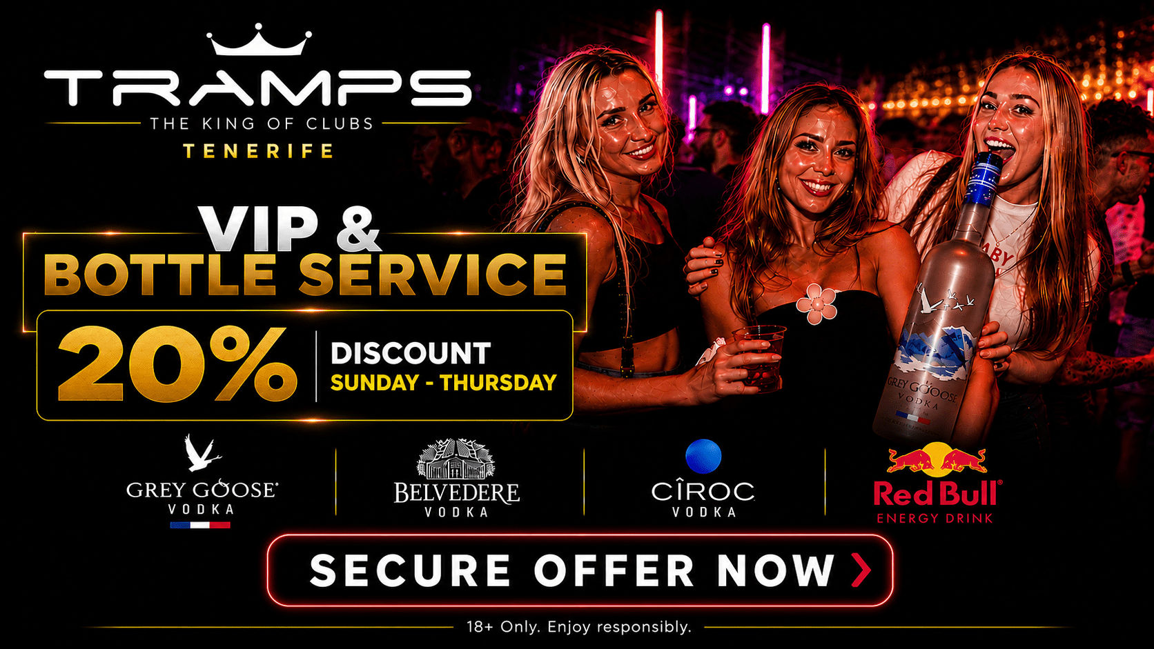 Group of friends enjoying premium bottle service at Tramps Tenerife nightclub on Veronicas Strip with a 20% discount offer banner.