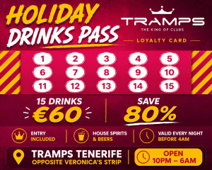 Tramps Tenerife Holiday Drinks Pass promotion graphic offering 15 drinks and club entry for 60 Euros