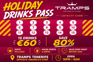 Tramps Tenerife Holiday Drinks Pass promotion graphic offering 15 drinks and club entry for 60 Euros