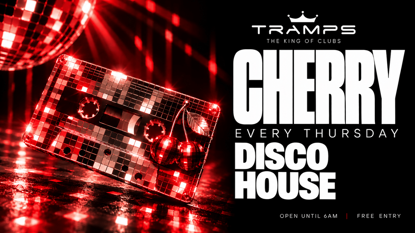 Official event flyer for Cherry Thursdays at Tramps Tenerife - The King of Clubs, featuring Disco House music on the Veronicas Strip.